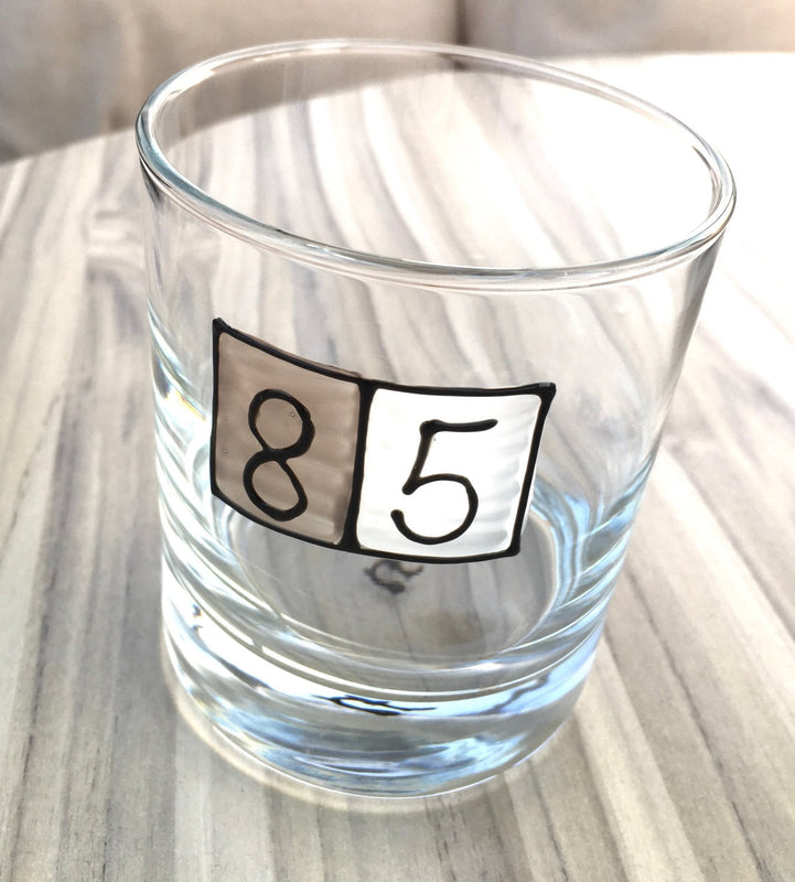 85th Birthday Gift Whisky Glass: (Grey Sq)