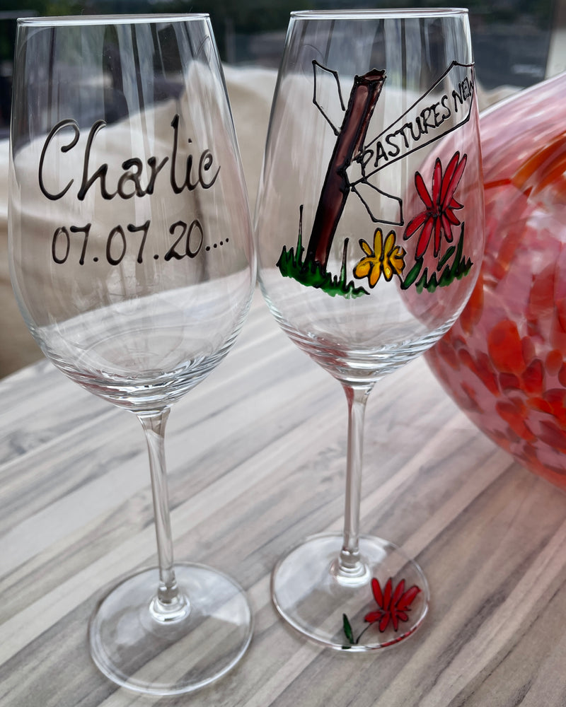 Personalised Pastures New Wine Glass