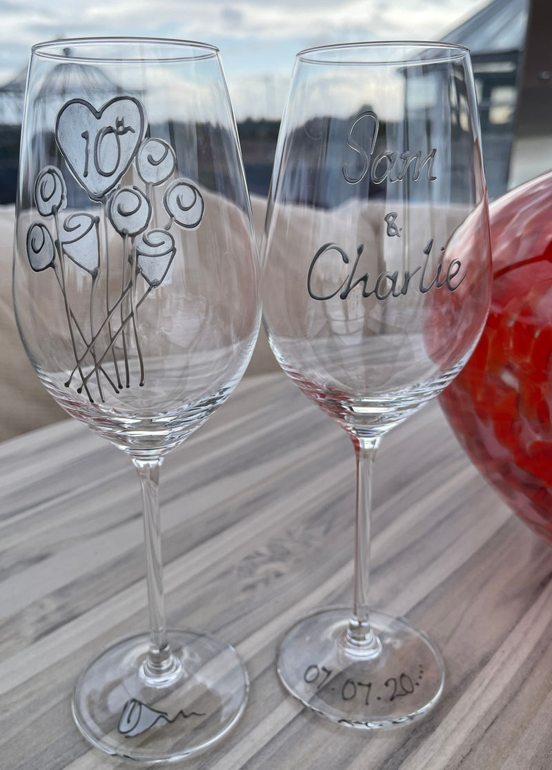 Personalised 10th Anniversary Wine Glasses Flower