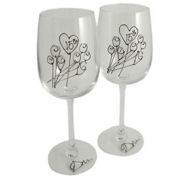 Personalised 15th Wedding Anniversary Wine: Glasses (Flower)
