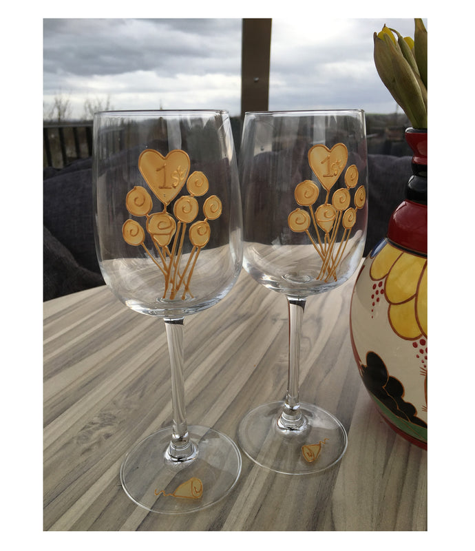 1st Wedding Anniversary Wine Glasses: (Flower)