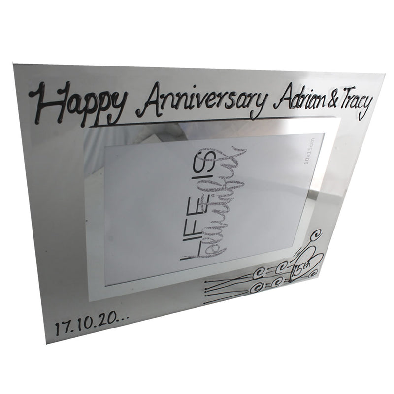 15th Wedding Anniversary Gift Set: Wine Glasses & Photo Frame (Flower)