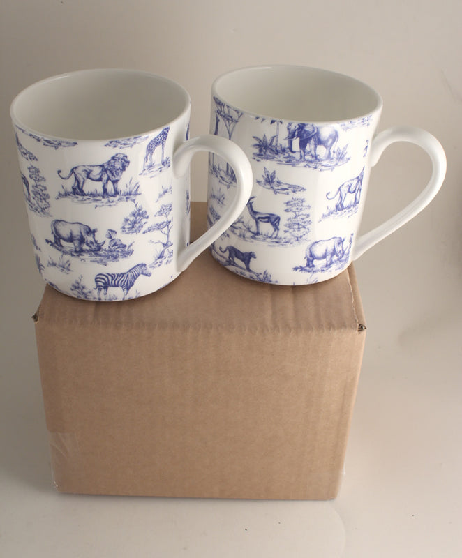2 x Fine Bone China 1 Pint Safari Print Gift Mugs/Beaker (Black)