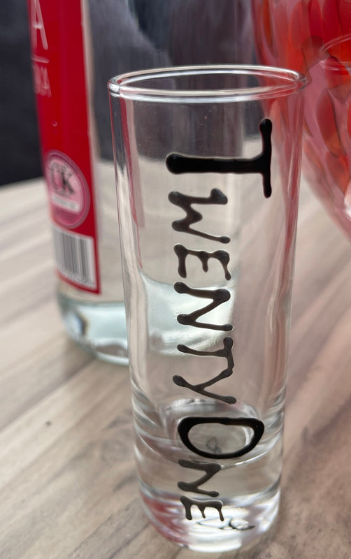 21st Birthday Tall Shot Glass: (Black/Silver)