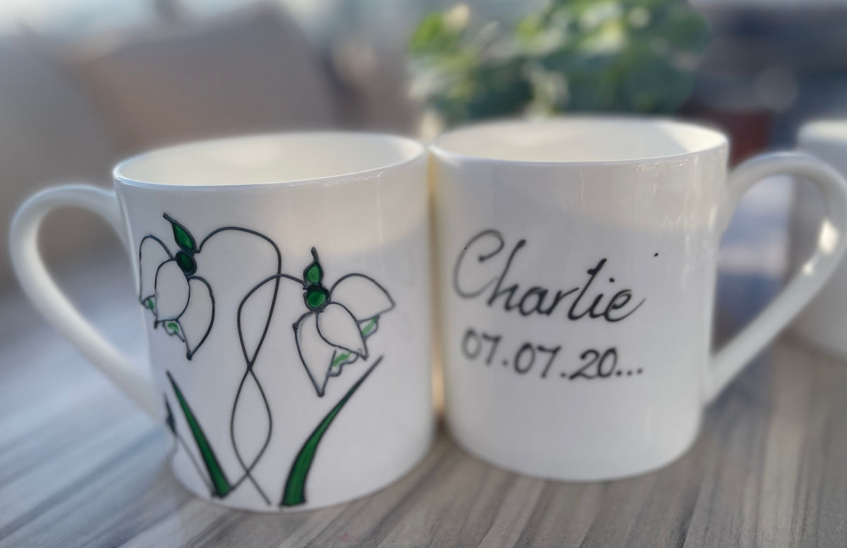 Personalised Snowdrop Pint Tea/Coffee Mug 