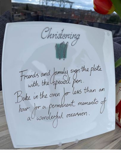 Christening Day Gift Signature Plate: Square (Turq  Heart)