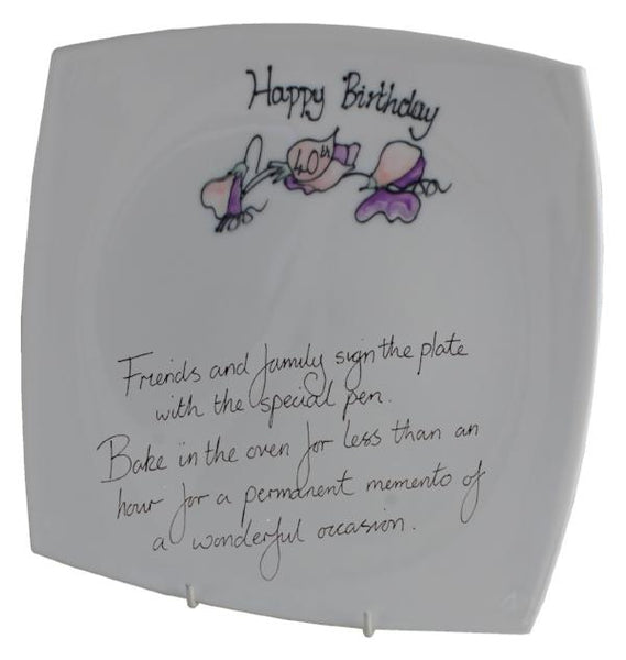 40th Birthday Gift Signature Plate: Square (Sweet Pea)