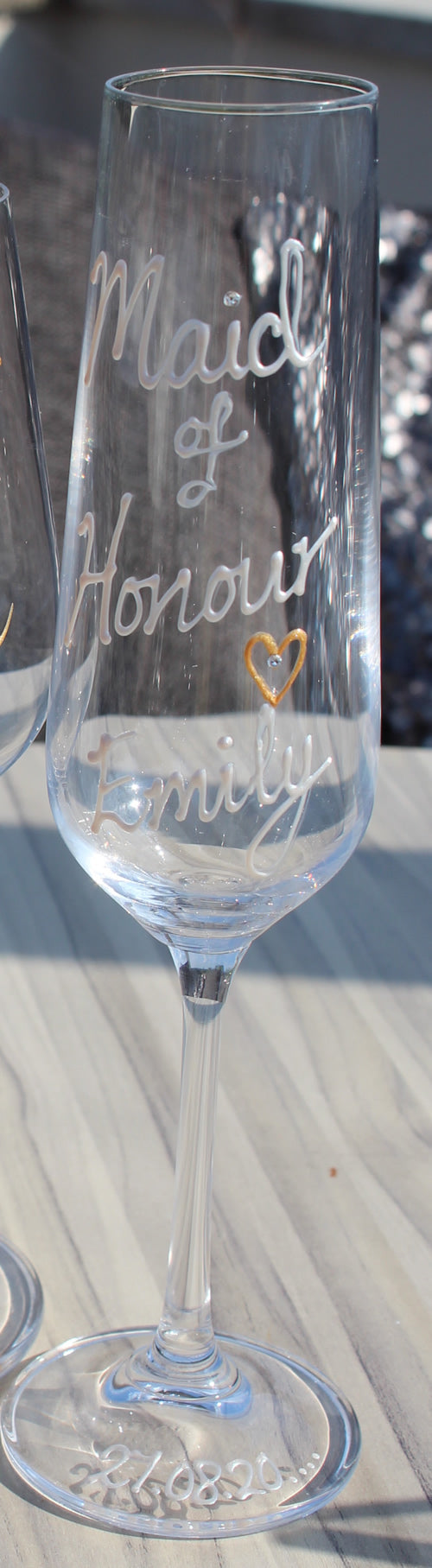 Personalised Maid of Honour Glass: Fluted Titanium Crystal Champagne/Flute Glass Pearl with crystals