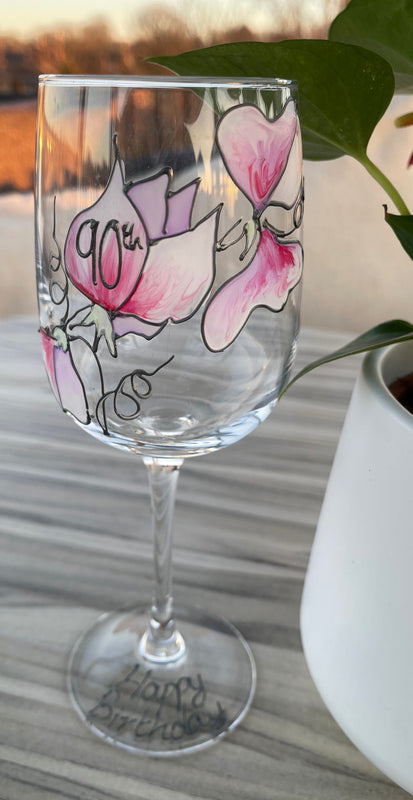 90th Birthday Gift Wine Glass: (Sweet Pea):